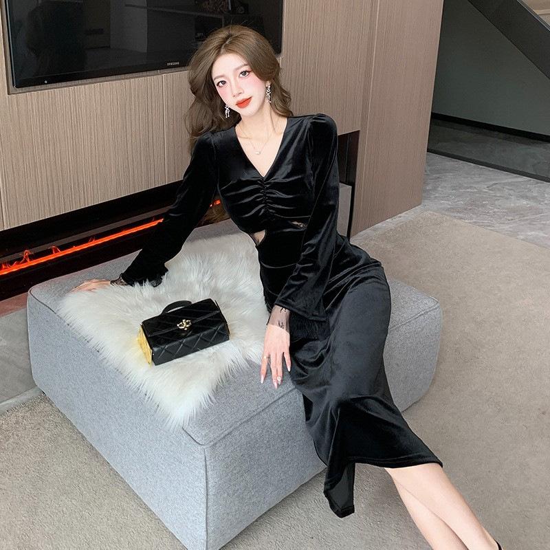 Primavera Otoño Cuello en V Elegante Moda Terciopelo Vestido Negro Mujer Manga Larga Temperamento Cintura Bata Vestidos