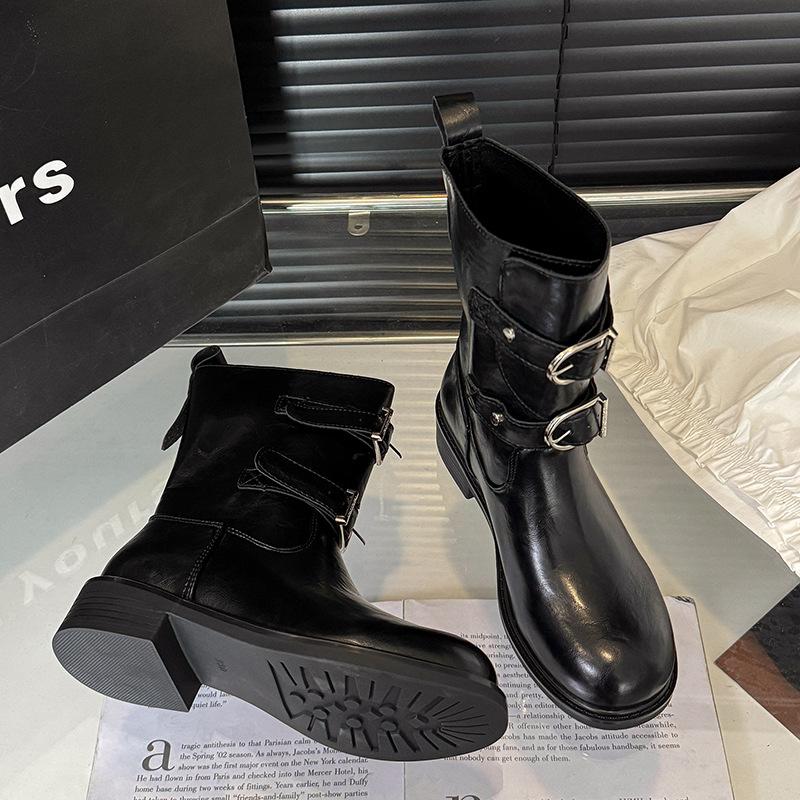 

Ruodan 2025 new western boots belt buckle leather comfortable short boots early autumn small slim round head women s boots 40 чёрный