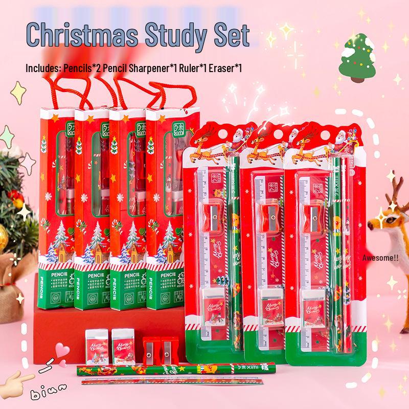 Original Cute Christmas Stationery Set for Elementary Students - Includes Eraser, Pencil Sharpener, and Five-in-One Pencil Set