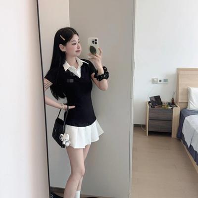 - Korean College Style Fake Two-piece Polo Collar Dress Summer American Sweet and Spicy Waist and Thin Pleated Short Skirt