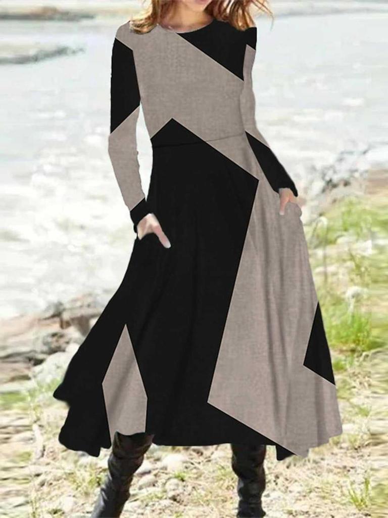Autumn/Spring Crew Neck Casual Vacation Women's A-Line Midi Dress