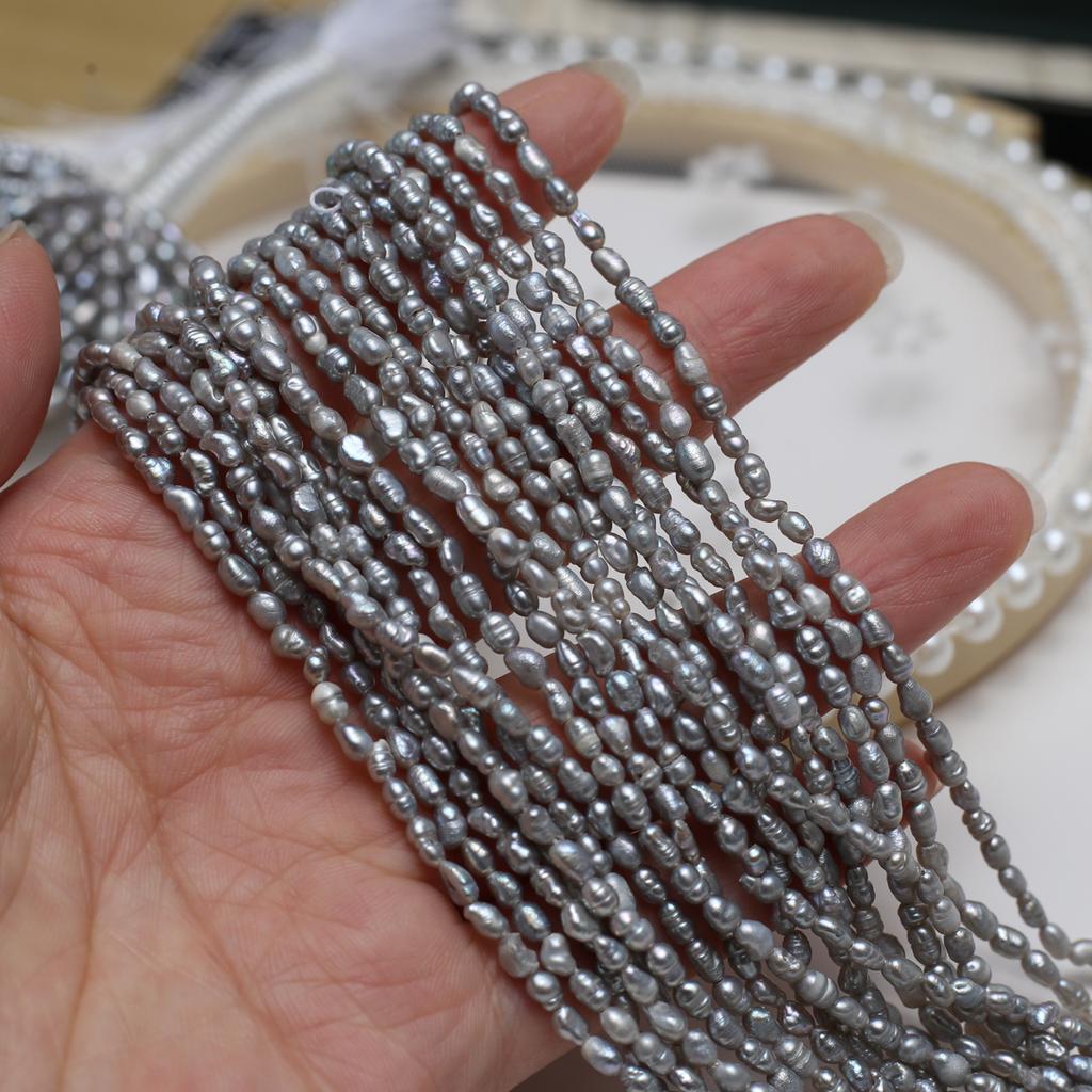 1String, Grey Natural Freshwater Pearls, Handmade Rice Pearl Beads for Jewelry Making DIY Crafts (Beads 3-4mm, Length 36cm)