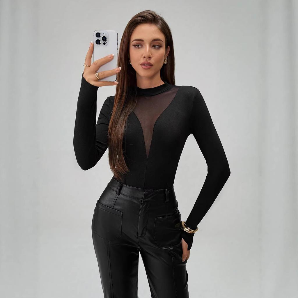 Spring Small Stand Collar Mesh Perspective Long Sleeve Sexy Slim Fit One Piece Clothing Women Fashion Elegant Beach Vacation Outfit