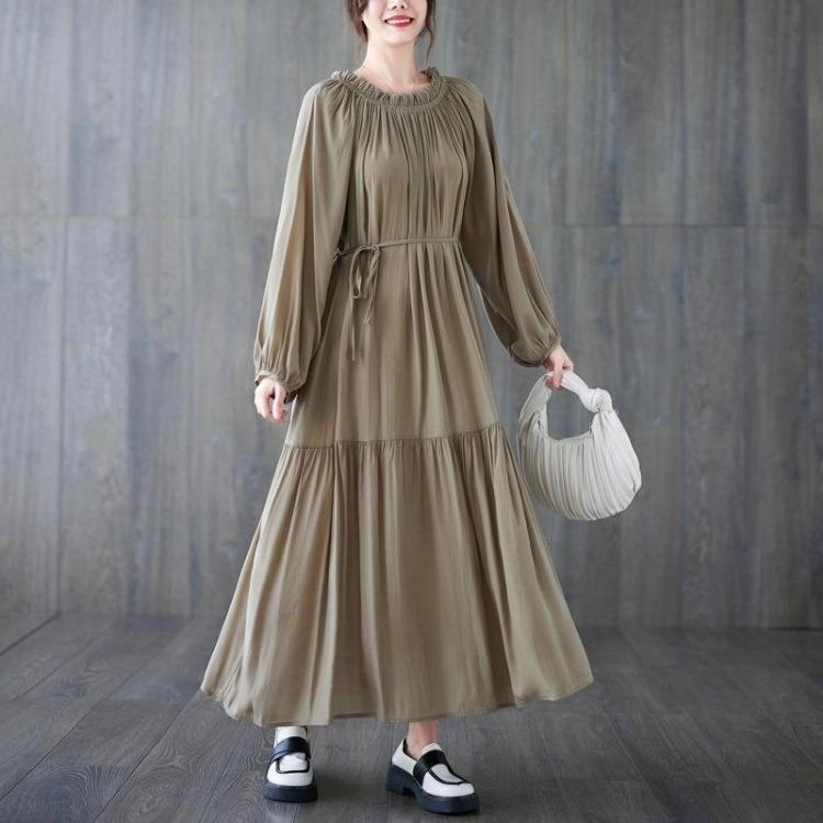 Loose Lace-up Women Dress with Ruffles Collar and Pockets Casual Spring Solid Color Pleated Female Dresses