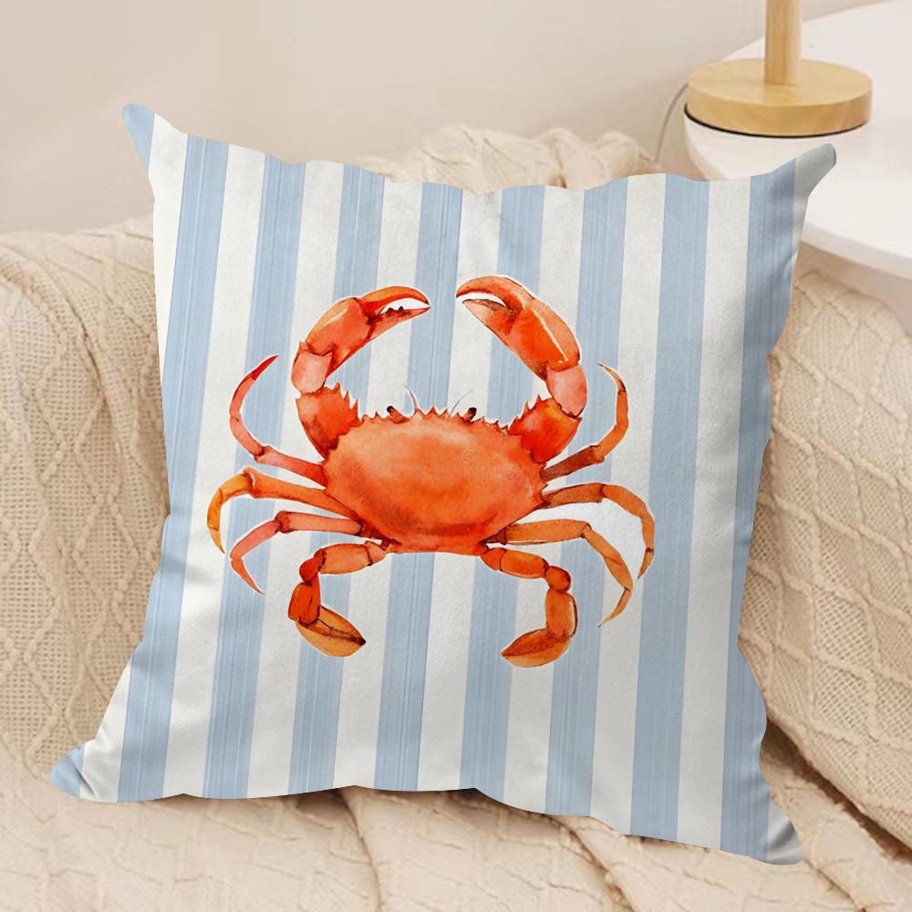 Ocean Life Theme Striped Double-Sided Printed Pillow Cover Short Plush Suitable Living Rooms Bedrooms Sofas Throw Cushion Cover