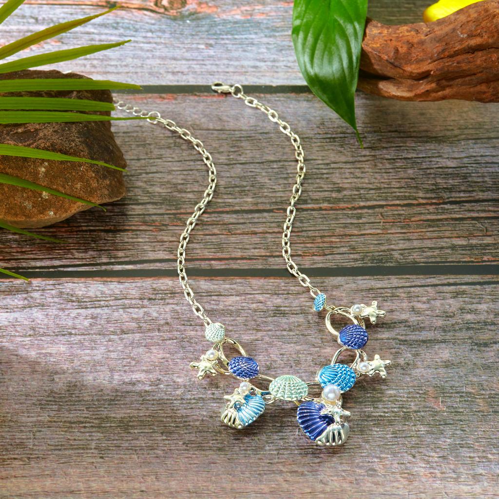 Boho Starfish Shell Coral Pearl Pendant Necklace For Women Shiny Crystal Zircon Dripping Oil Beach Clavicle Choker Charm Jewelry