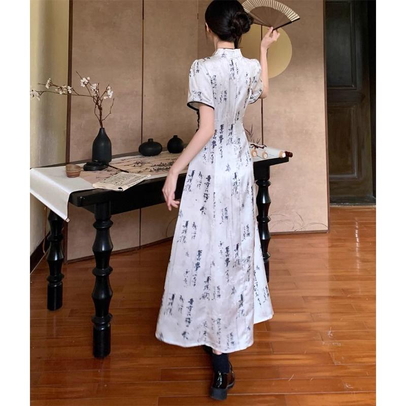 Summer Vintage Stand Collar Bandage Lace Up Dress Ladies Elegant Fashion Hollow Out A-line Robe Women Y2K Short Sleeve Vestidos