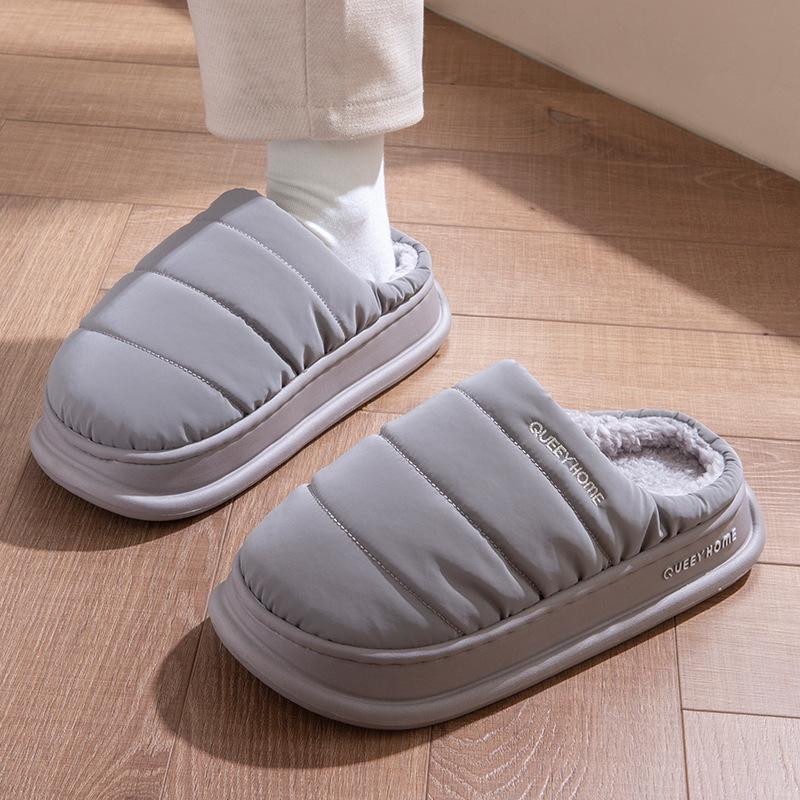Waterproof Cotton Slippers for Men, Winter Warmth, Indoor Home, Thick Bottom, Plush Warmth, Anti Slip Cotton Slippers for Women
