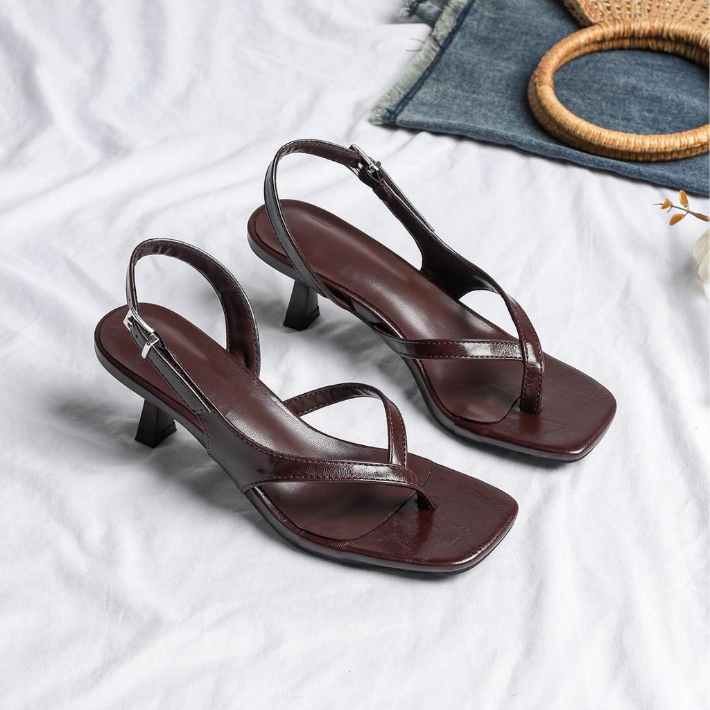 Women's Wine Red Square-Toe Thong High Heels with Ankle Strap and Thin Heel for Summer