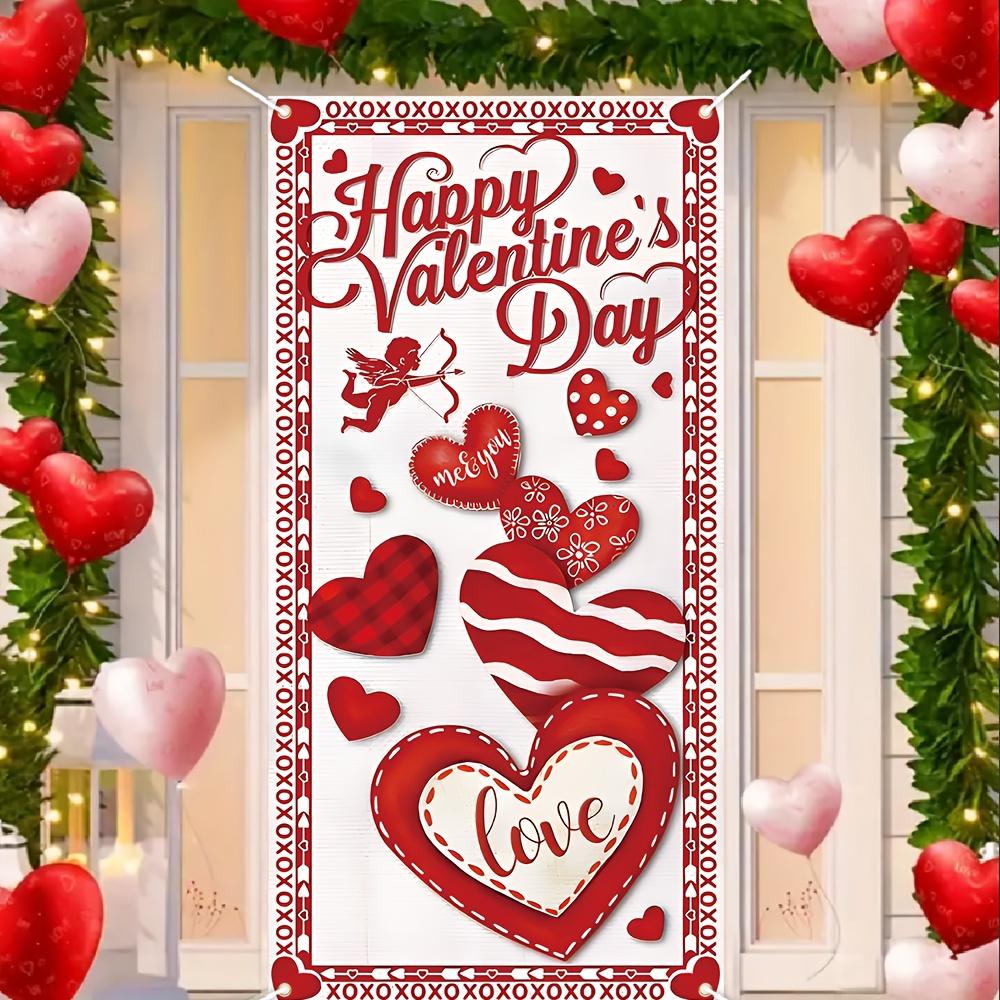 Valentines Day Door Cover Banner Valentine Door Decorations Love Heart Cupid Party Supplies Holiday Hanging Supplies Wall Decor