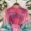 Summer Spring Women Lantern Sleeve Stand Collar Print Mini Short Beach Vacation Lace-up Dresses