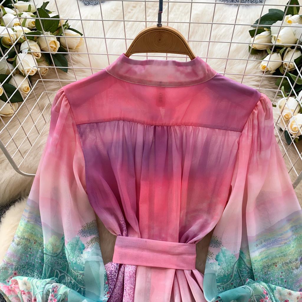 Summer Spring Women Lantern Sleeve Stand Collar Print Mini Short Beach Vacation Lace-up Dresses