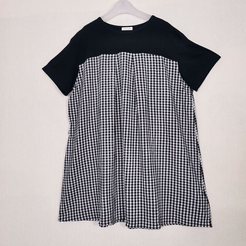 Export Original Order Leftover Stock Tencel Rayon Printed Stitching Short Sleeves Dress Female Loose Plus Size Mid Length Long Length Tops Summer