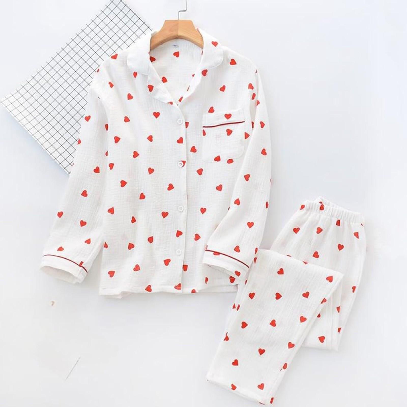 

Пижамный комплект с лацканами для женщин с рисунком в виде сердца персикового цвета, повседневный комплект из хлопка с длинными рукавами и брюками, мягкая ночная одежда, домашняя одежда L белый