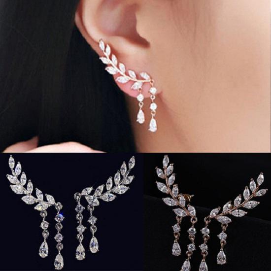 Crystal Women Zircon Leaves Tassel Drop Dangle Earrings