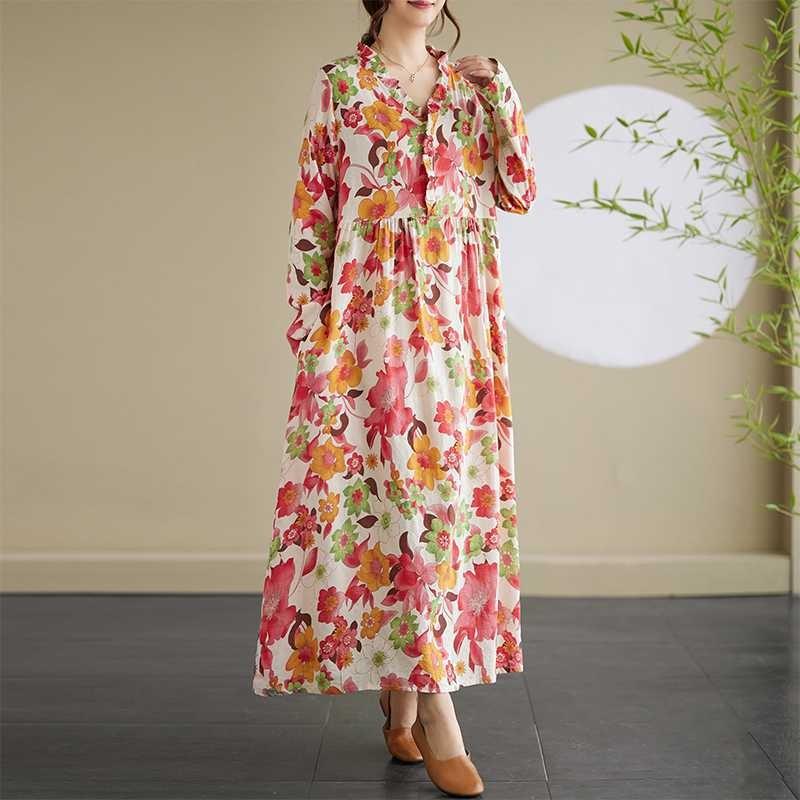 New Printed Loose Lace Long Sleeve Swing Long Dress