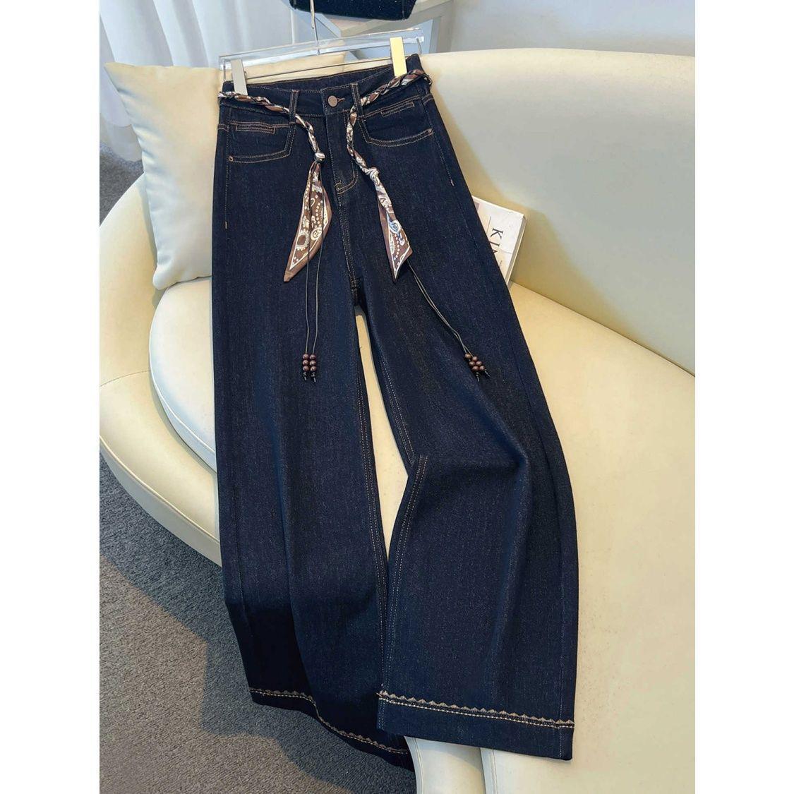 

Autumn 2025 Women s Korean Style High Waist Denim Blue Wide-Leg Jeans with Scarf Belt - Non-Fading and Slimming. 2XL (135-155 jin)