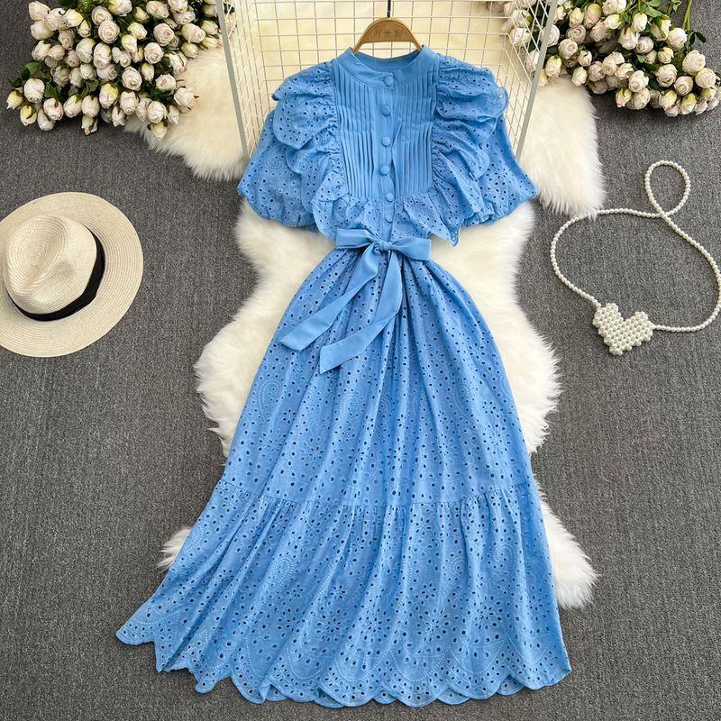 

Fashion Stand Collar A- line Dress Bows Shoelace Blue All yards