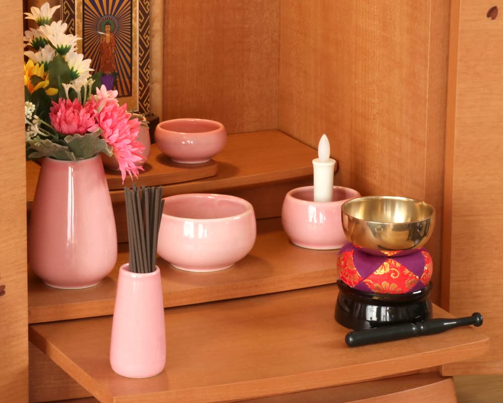 Naamukumachan Koubou Buddhist Altar Ceramic Orin Incense Burner Ash For Modern Mini Buddhist Maple Pink Set Set, 6-piece + Set, Included, Altars,
