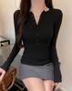Damen Sexy V-Ausschnitt Knopf Langarm Schlankes T-Shirt