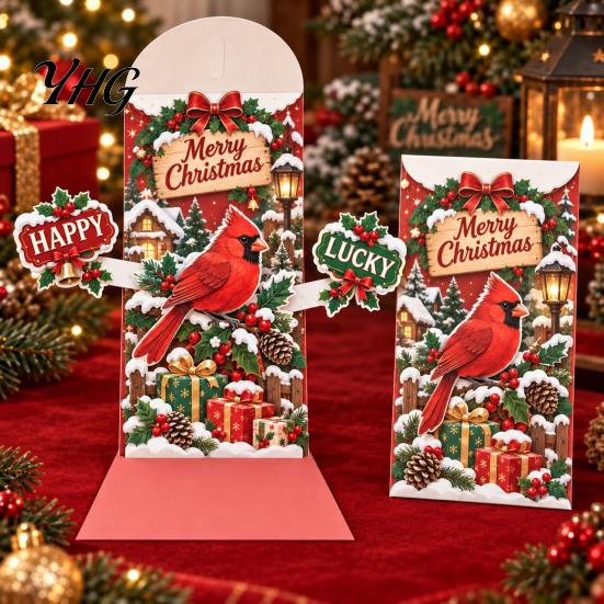 Retro Style Christmas Cards 3D Pop Up Card, Money Gift Card Holder with Handwritten Holiday Blessing Cash Slot, Hummingbird Santa Reindeer Design,
