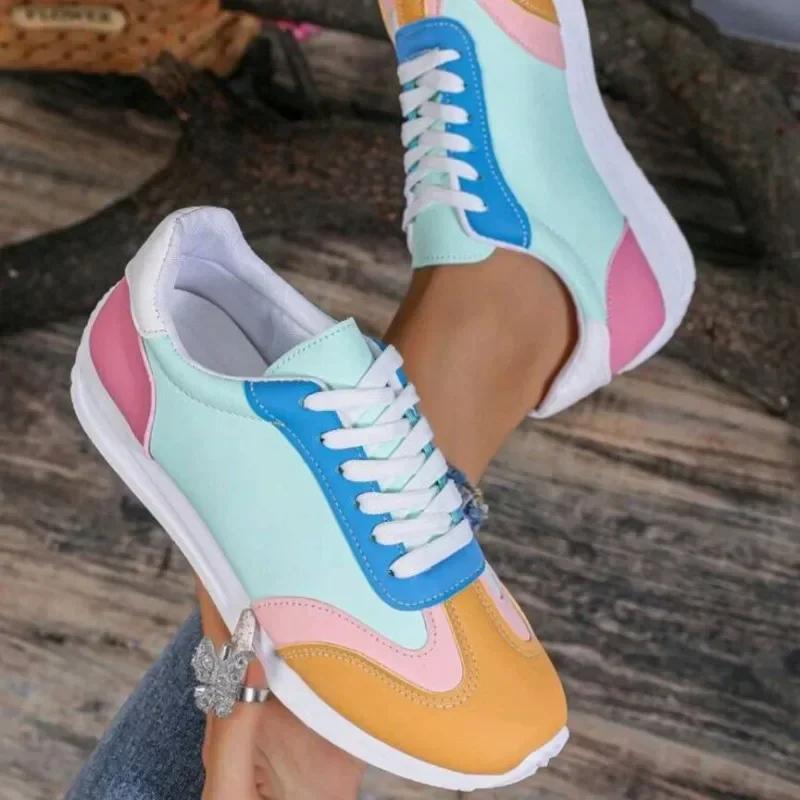 Autumn Women Flat Casual Comfortable Shoes Fashion Color Matching Lace Up Walking Women Sneakers Soft Breathable Running Loafers