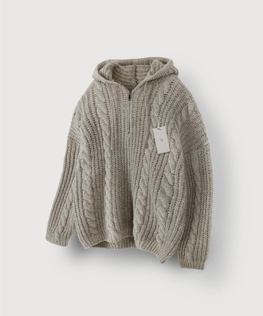 MOOD INSIDE Cable Knit Half-Zip Hoodie_Beige