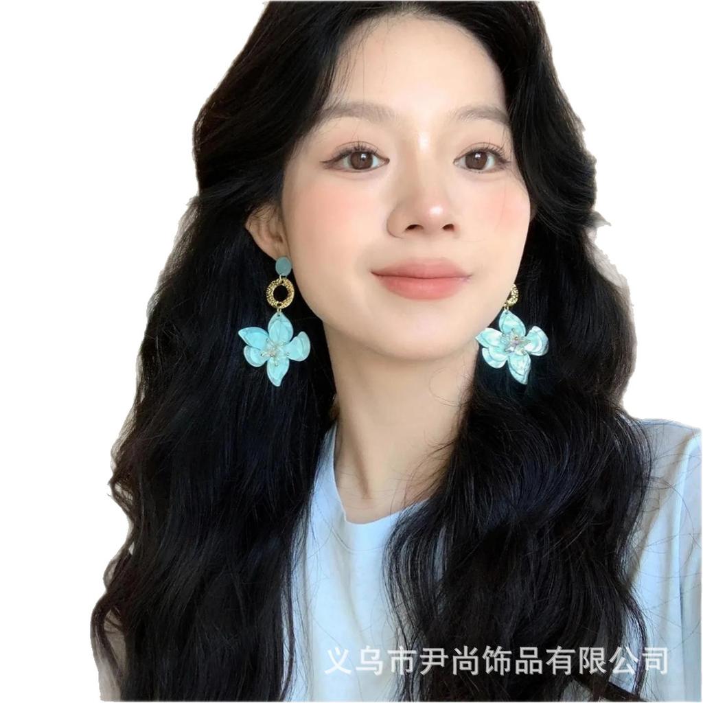 Spring Niche Blue Flower With Gold Ring Earrings, French Style Atmosphere Smart Earrings