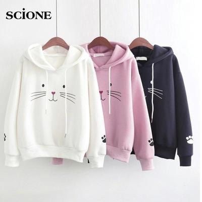 Scione Pullover Sweatshirts Women Cat Kawaii Poleron Mujer Drawstring Hoodie School Streetwear Hoodie