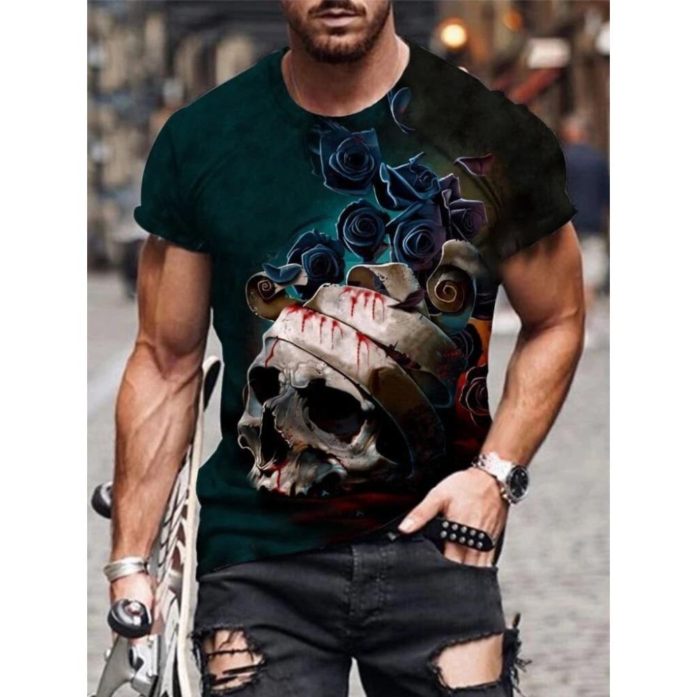 Skull Pattern 3D Printed T-shirt Summer Casual Round Neck Men's T-shirts