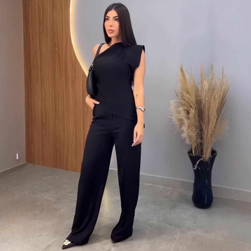 

Летний женский повседневный модный свободный топ на одно плечо и брюки 2025 Extra Small