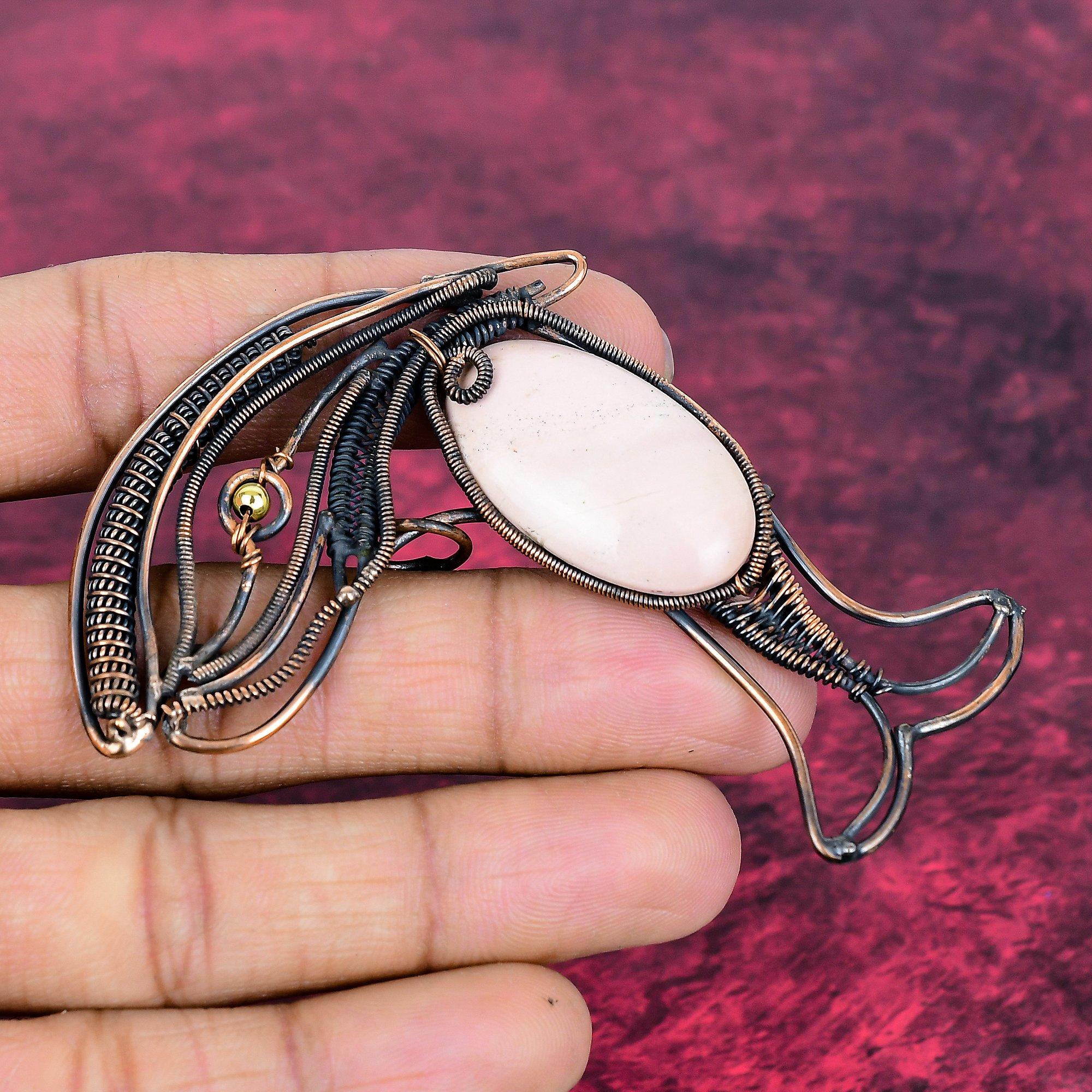 Pink Opal Gemstone Pendant Fish Pendant Copper Wire Wrapped Handmade Jewelry