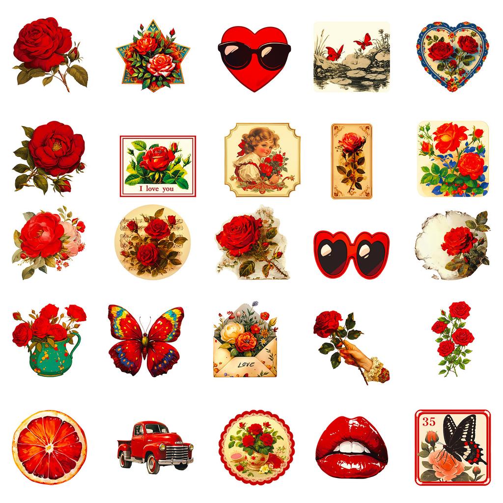 50Pcs Red Aesthetic Vintage Rose Stickers - Non-repeating Decals for Phone/Notebook/Cup Decor
