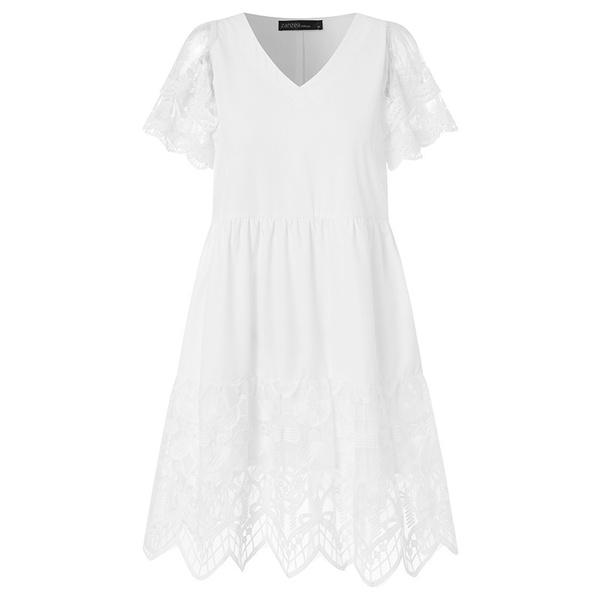 נשים V צווארון קצר שרוול קצר שמלת סרוגה תחרה מסיבת חג שמלת קיץ קז'ואל