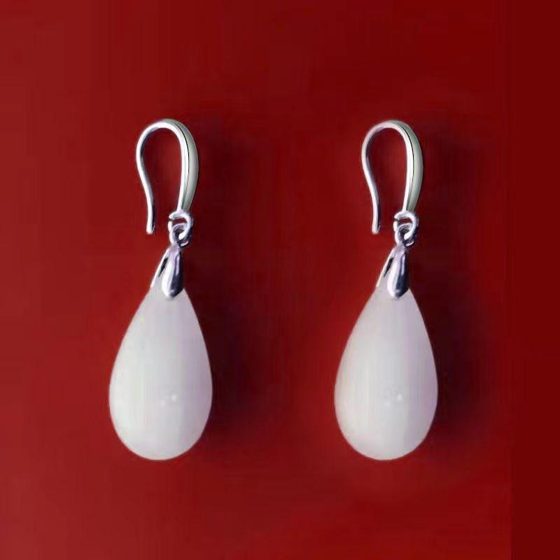 S925 Sterling Silver White Jade Fashion Earrings – Versatile, Elegant, Simple Style