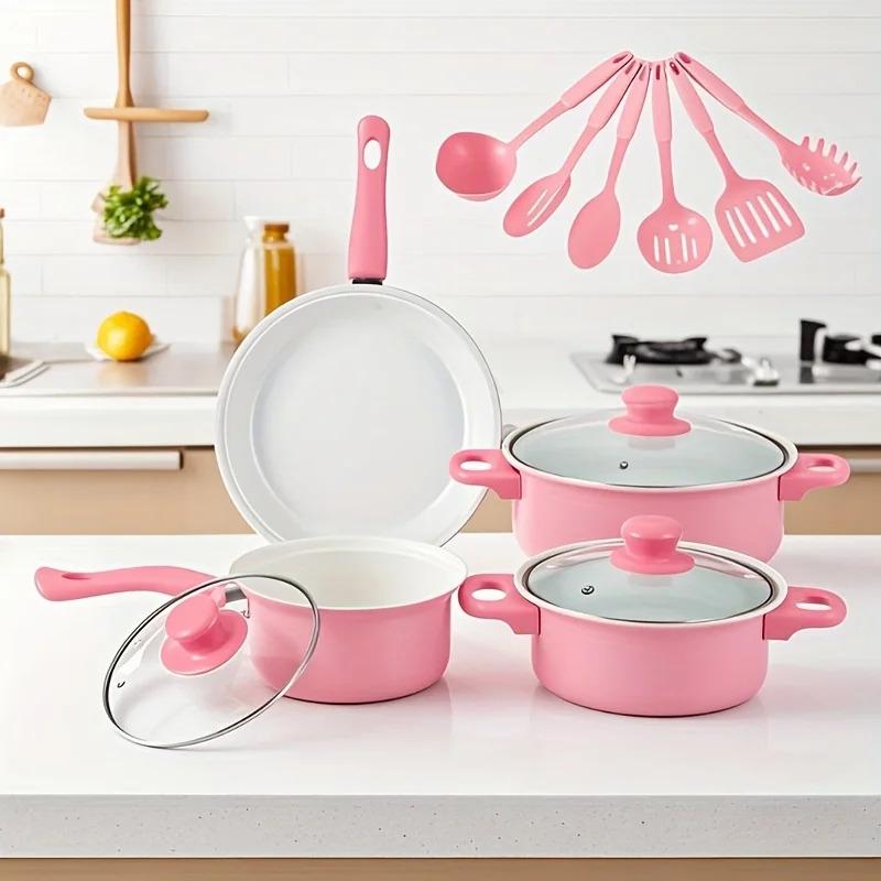 13pcs Nonstick Cookware Set with Frying Pan+Saucepan+Casserole - Induction & Gas Safe Colorful Kitchen Pots for Home Cooking