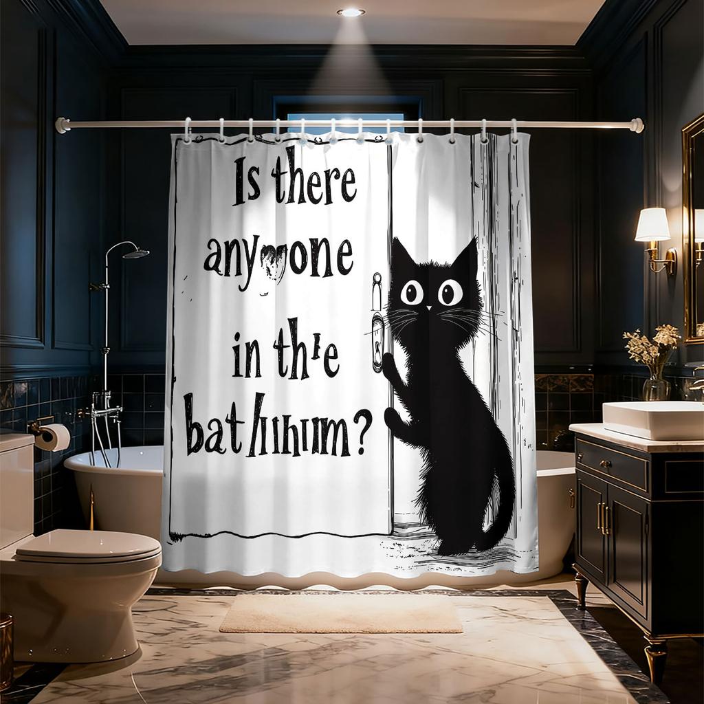 1Pc Cute Cat Text Printed Waterproof Shower Curtain Partition Privacy Hanging Curtain, 12 Hooks, Multiple Sizes