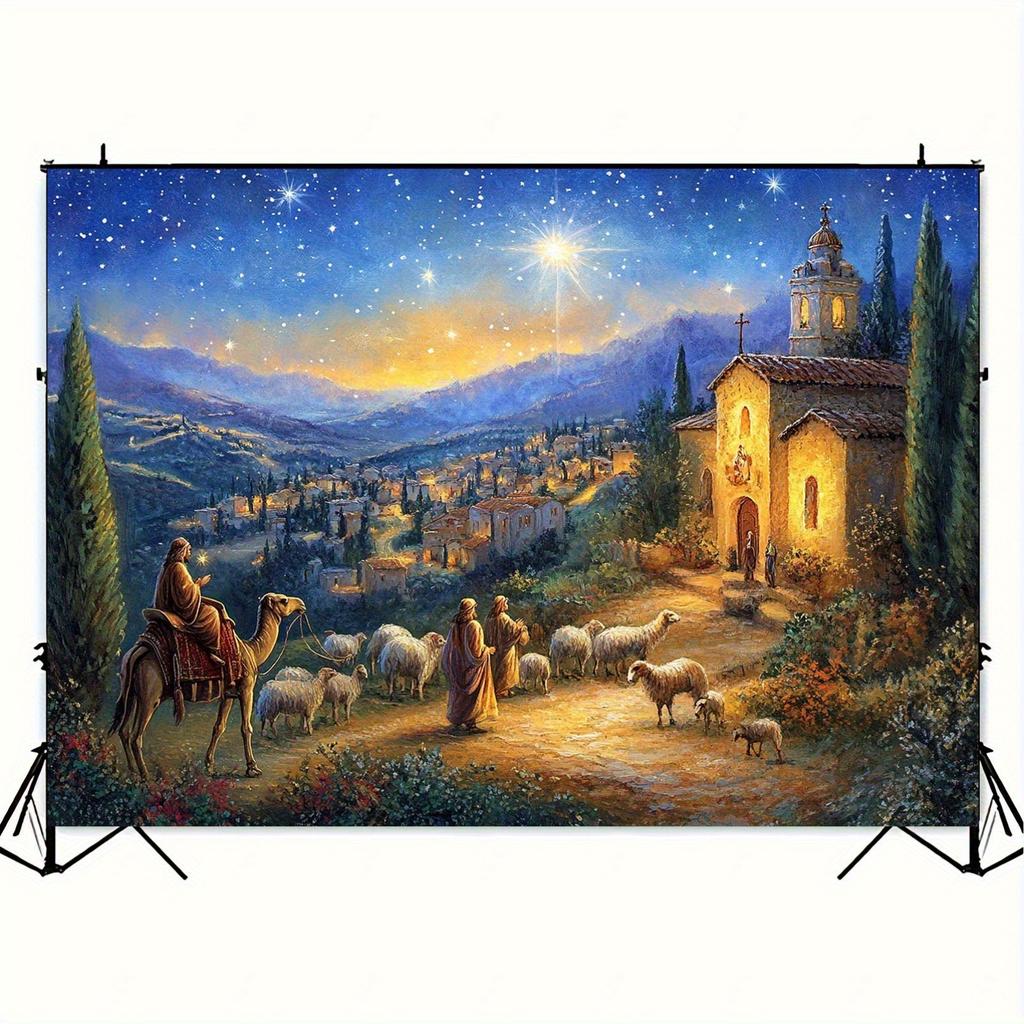 1pc Nativity scene Christmas background with starry sky, church, shepherd and sheep - Religious festival party banner, polyester