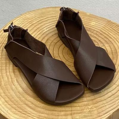 Fashion Soft Artificial Leather Sandals Woman Retro Back Zipper Cross Strap Sandalias Ladies Comfy Wide Fit Low Heel Summer Shoes