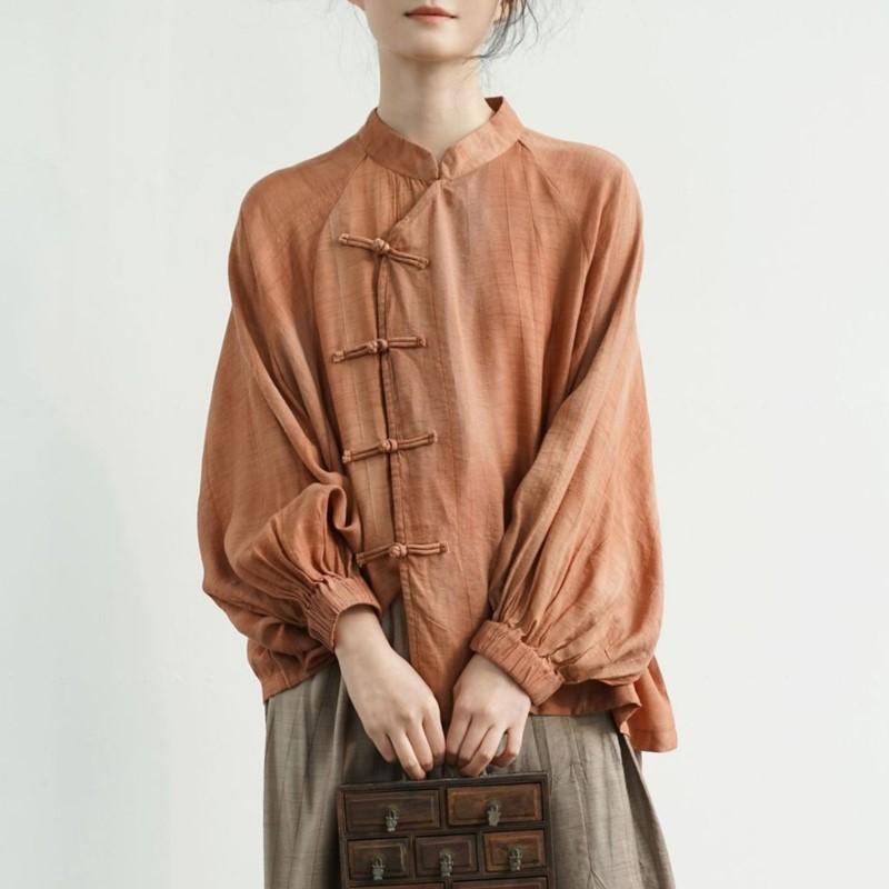 Johnature Women Vintage Soft Shirts Tops Button Long Sleeve Stand Blouses Summer Thin Chinese Style Female Shirts