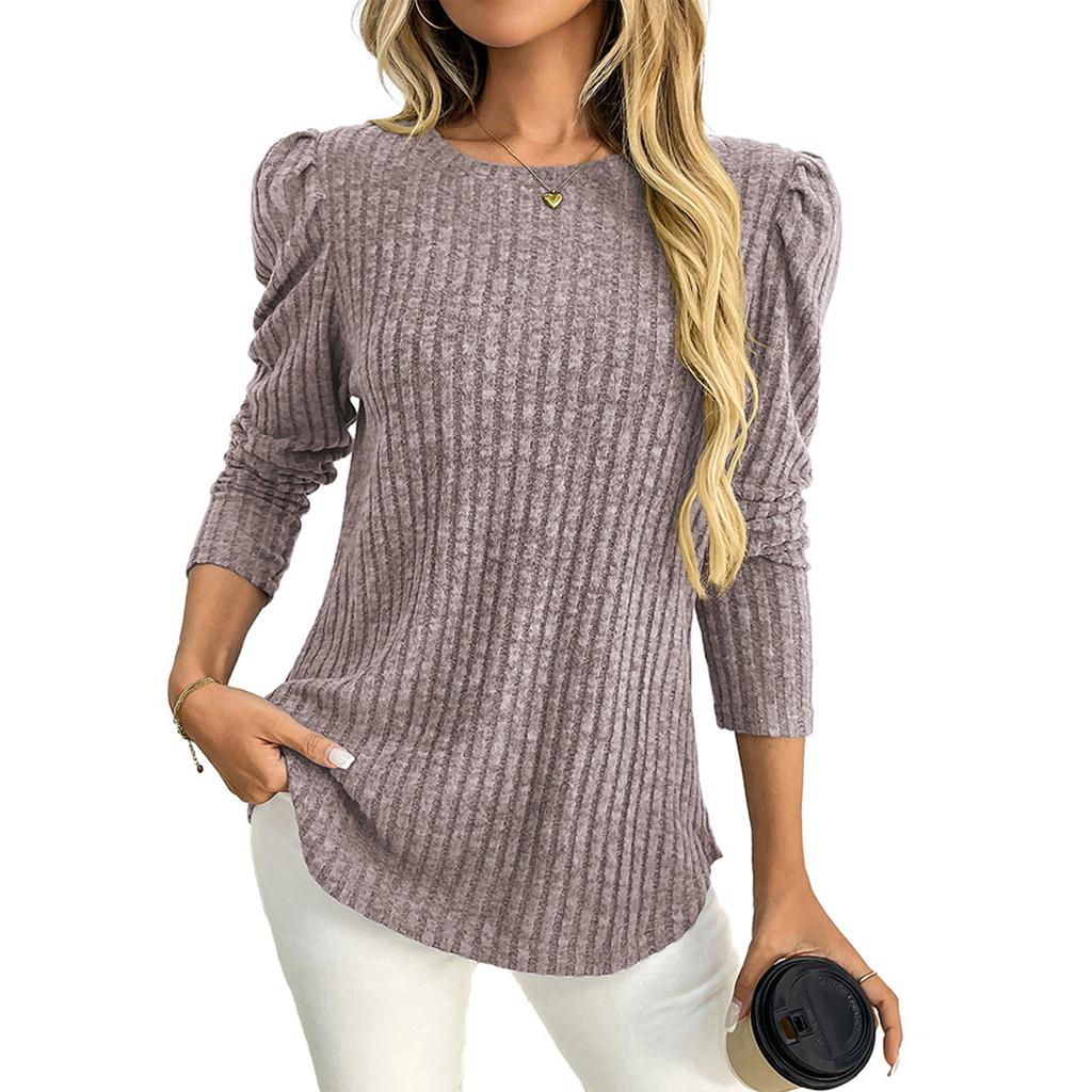 Women's Fashionable Solid Color Long Sleeved Round Neck Loose Casual Pullover T-shirt Top