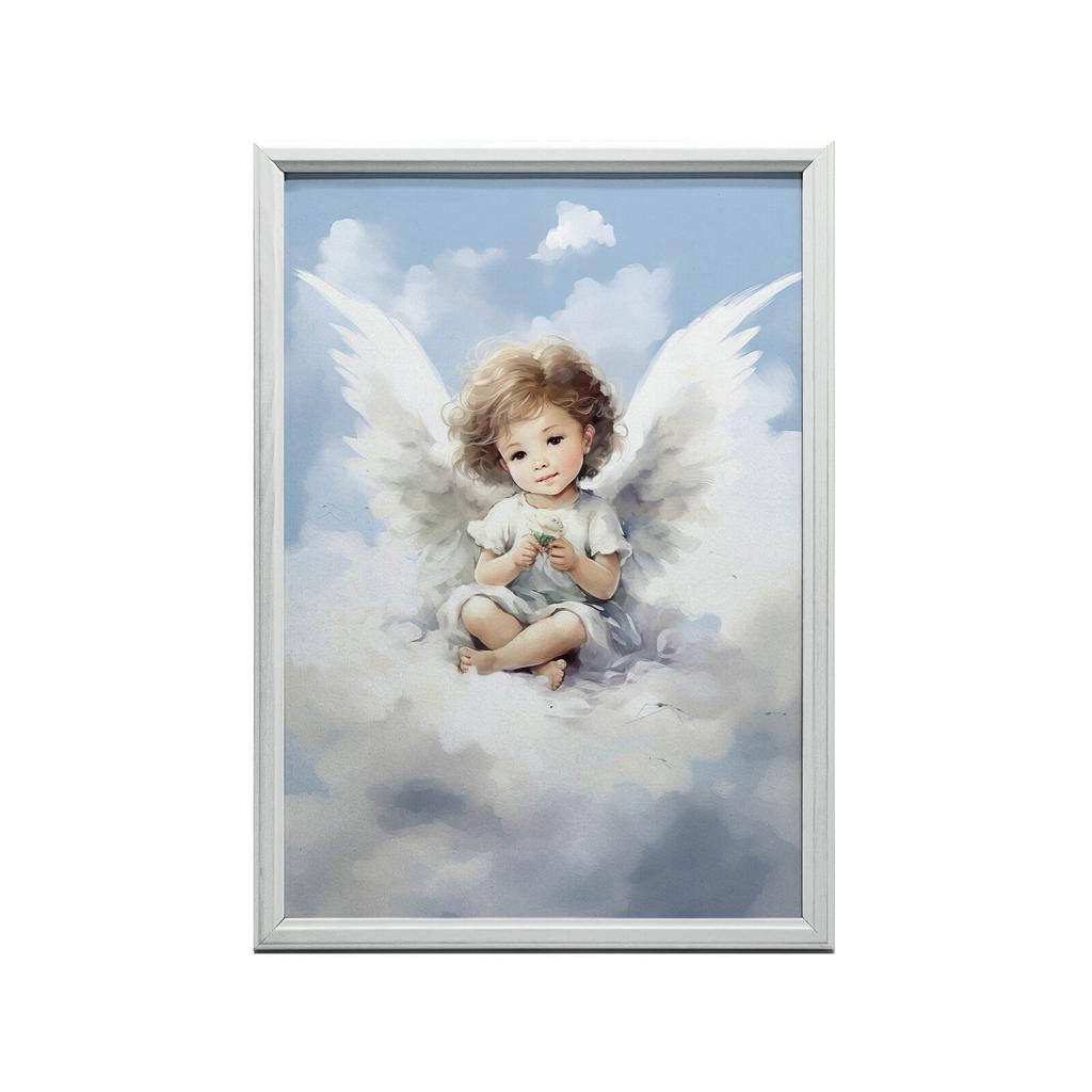 Charming Little Angel On a Cloud Charming Little Angel On a Cloud, 50X70 Cm, Light Oak Wooden Frame, Matte Paper 230 Gsm