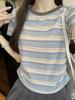 Contrasting color front shoulder stripes short-sleeved T-shirt women's summer new slim and thin student top high-end stripes