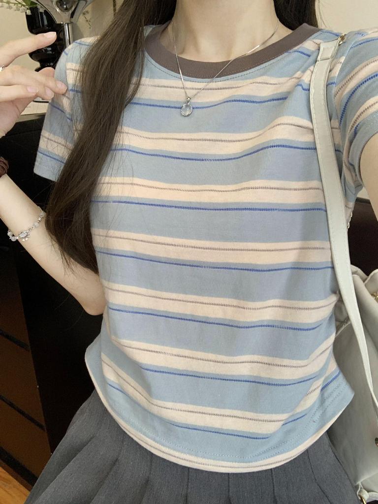 Contrasting color front shoulder stripes short-sleeved T-shirt women's summer new slim and thin student top high-end stripes