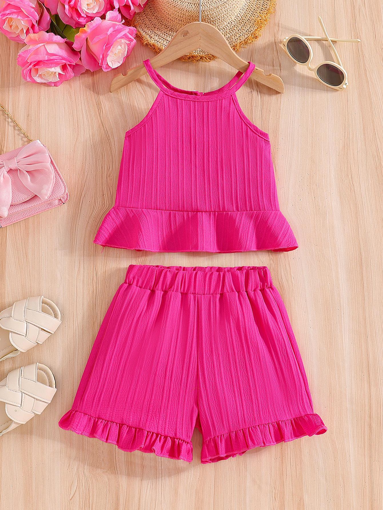 Girls Rose Red Sleeveless Vest & Ruffle Shorts Set for Summer 9-10Y