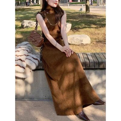 Women's Autumn and Winter Sleeveless High Neck Vest Mid-Length Half-Body Skirt Two Piece Set
