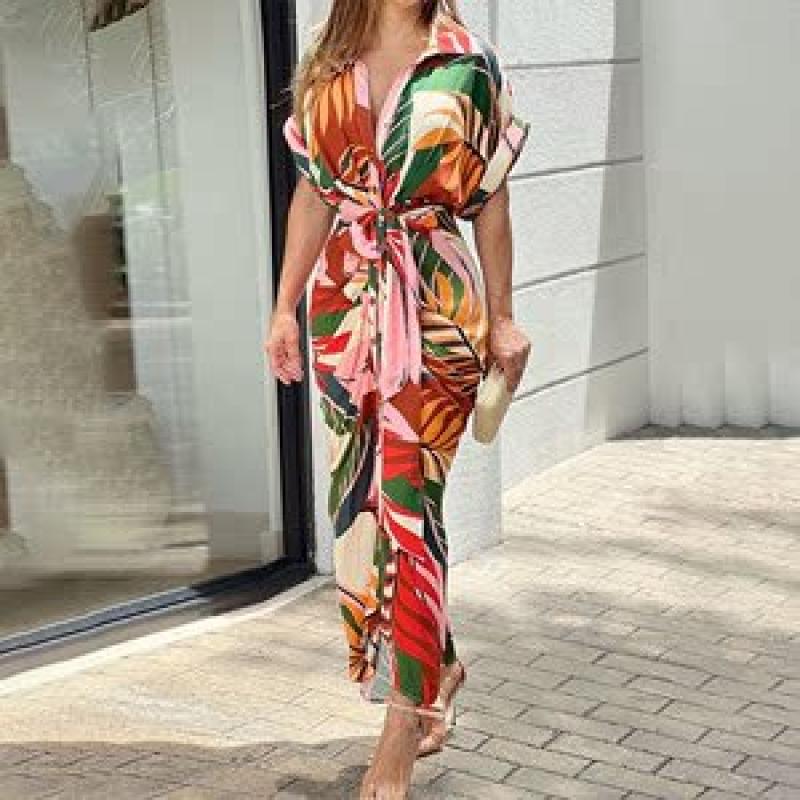 Women's Fashionable Short Sleeved Loose Comfortable Fit Casual V-neck Printed Sexy Split Dress Elegant Ladies Long Dress