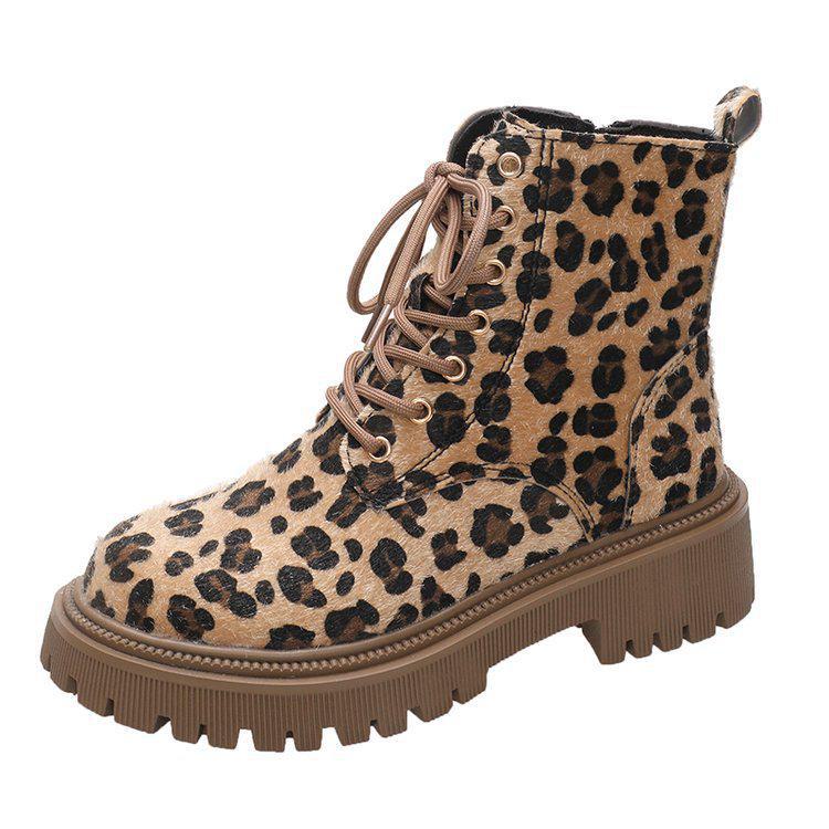 Damen Leopardenmuster Dicke Sohle Martin Stiefel Herbst Winter Schnürung Mode Bequeme Schuhe