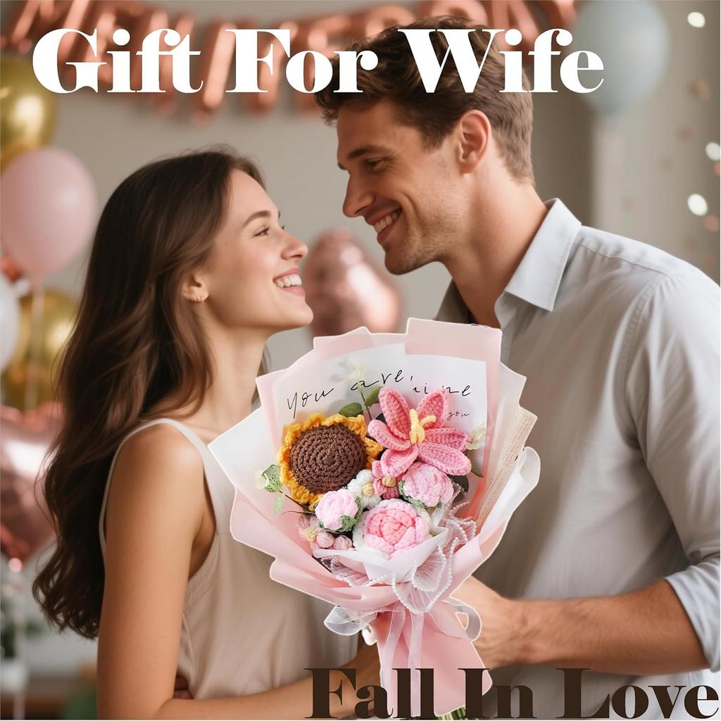 1PC Crochet Flower Bouquet, Hand-woven Tulip and Rose Flowers, Preserved Flowers, Suitable for Valentine's Day, Birthdays, Graduation Ceremonies