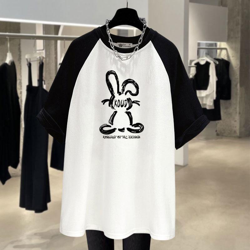 Short-sleeved T-shirt for Women's Pure Cotton Summer New Rabbit Graffiti Korean Loose and Fashionable Mid-length Top